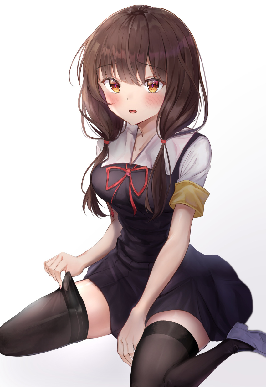 1girl absurdres black_legwear blush breasts brown_eyes brown_hair highres iino_miko kaguya-sama_wa_kokurasetai_~tensai-tachi_no_renai_zunousen~ medium_breasts neck_ribbon red_ribbon ribbon shuuchiin_academy_uniform sitting solo thigh-highs thighhighs_pull toratora_(nanahaba) wariza white_background