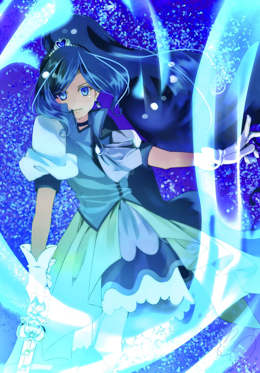 1girl blue_dress blue_eyes blue_hair casting_spell commentary_request cowboy_shot cure_fontaine dress earrings eyebrows_visible_through_hair eyes_visible_through_hair floating_hair gem gloves hair_ornament healin'_good_precure healing_animal healing_wand heart heart_hair_ornament highres jewelry long_hair looking_at_viewer magical_girl pegitan_(precure) petals precure sawaizumi_chiyu serious signature tiara very_long_hair white_gloves yuuki_aoi_(aoi_town)