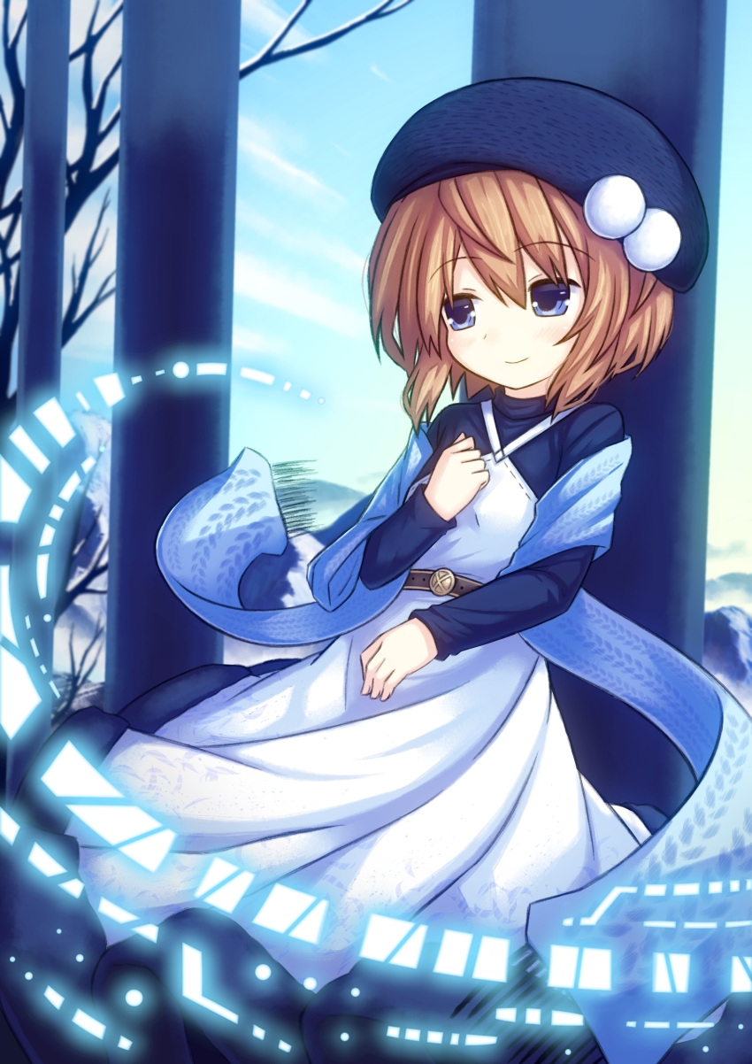 1girl absurdres alternate_costume blanc blue_eyes blush brown_hair dress eyebrows_visible_through_hair hat highres neptune_(series) novus_rue short_hair smile solo winter_clothes