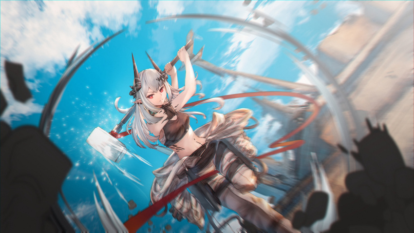 1girl absurdres arknights armband bangs bare_shoulders blue_sky breasts chinese_commentary clouds commentary_request crop_top day grey_pants hammer highres holding holding_hammer holding_weapon horns long_hair looking_at_viewer midriff mudrock_(arknights) oripathy_lesion_(arknights) outdoors pants parted_lips partial_commentary pointy_ears red_eyes sarashi silver_hair sky small_breasts solo sports_bra weapon yigu_ahh
