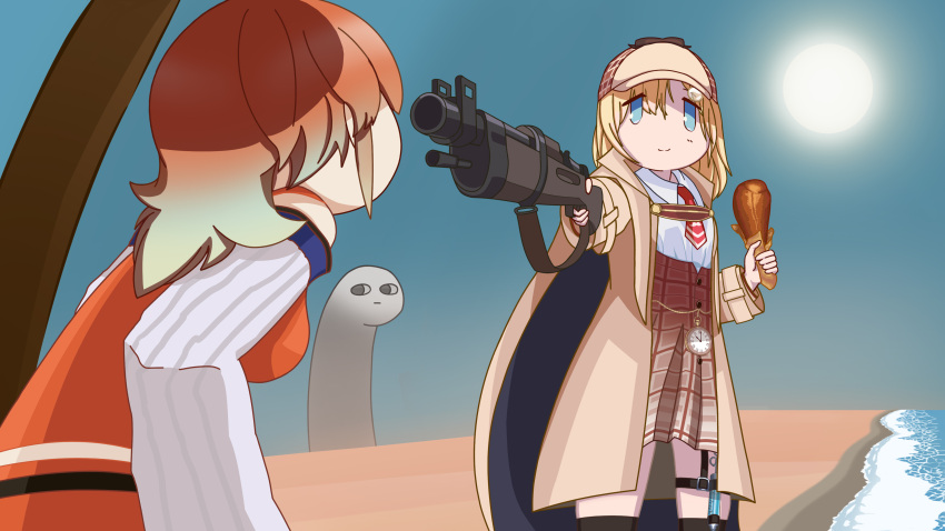 2girls absurdres black_eyes blonde_hair chicken_leg english_commentary food gun highres holding holding_food holding_gun holding_weapon hololive hololive_english luluni multiple_girls orange_hair parody rifle shoujo_shuumatsu_ryokou sitting smile style_parody takanashi_kiara virtual_youtuber watson_amelia weapon