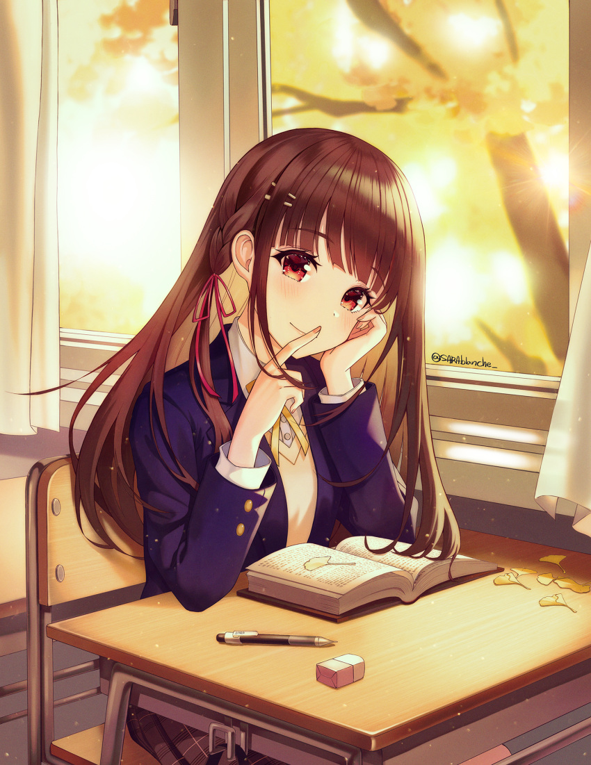 1girl autumn autumn_leaves bangs black_skirt blue_jacket blunt_bangs braid brown_eyes brown_hair cardigan chair classroom closed_mouth collared_shirt curtains day desk eraser hair_ornament hair_ribbon hairclip hand_on_own_face hand_to_own_mouth head_tilt highres idolmaster idolmaster_shiny_colors jacket leaf long_hair looking_at_viewer mechanical_pencil pencil pleated_skirt ribbon sarablanche school_chair school_desk school_uniform shirt sidelocks signature sitting skirt smile solo sonoda_chiyoko tree white_shirt window yellow_cardigan yellow_neckwear