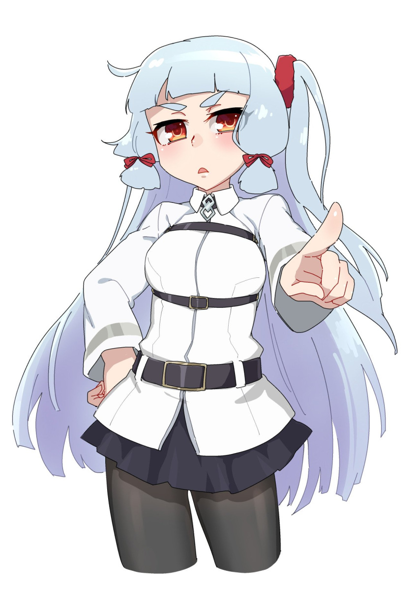 1girl alternate_hairstyle blush cosplay fate/grand_order fate_(series) fujimaru_ritsuka_(female) fujimaru_ritsuka_(female)_(cosplay) hair_ribbon headgear highres kantai_collection long_hair minatasiro murakumo_(kantai_collection) orange_eyes pointing pointing_at_viewer ribbon side_ponytail sidelocks silver_hair solo tress_ribbon very_long_hair