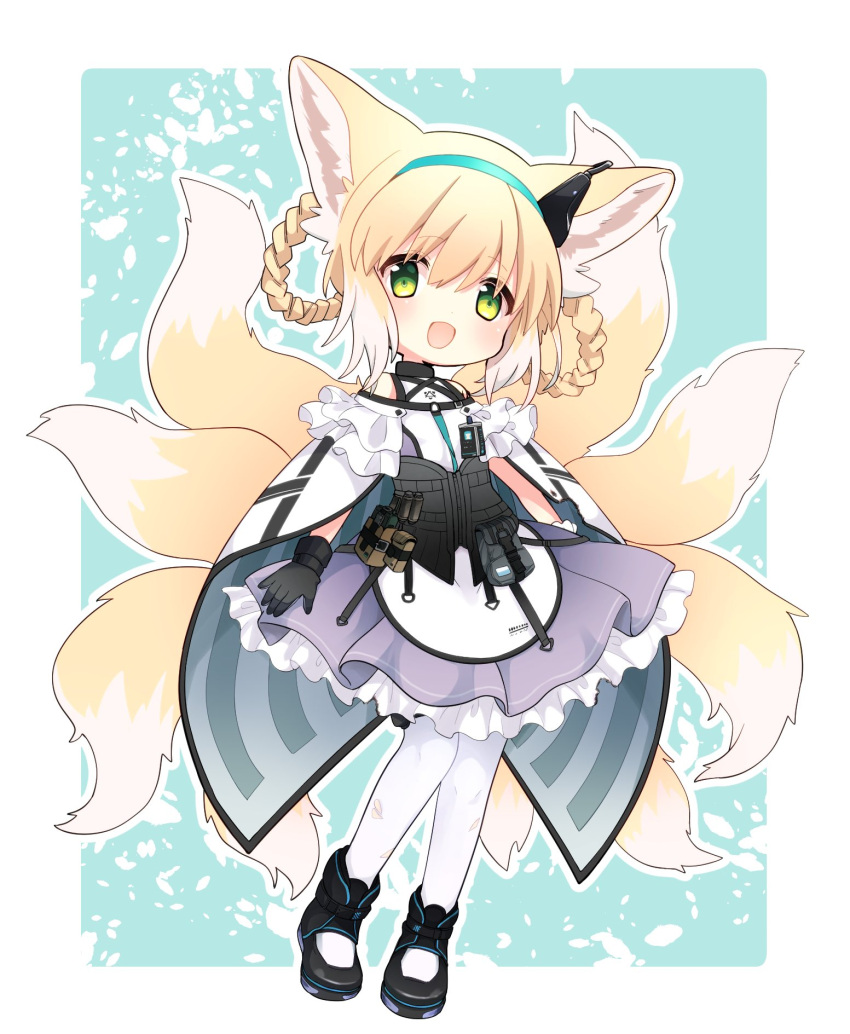 1919_decoy 1girl :d animal_ears arknights black_gloves blonde_hair blue_background blush cape chibi commentary fox_ears fox_tail full_body gloves green_eyes hair_rings hairband highres id_card looking_at_viewer multiple_tails open_mouth pantyhose short_hair smile solo standing suzuran_(arknights) tail torn_clothes torn_legwear two-tone_background white_background white_legwear