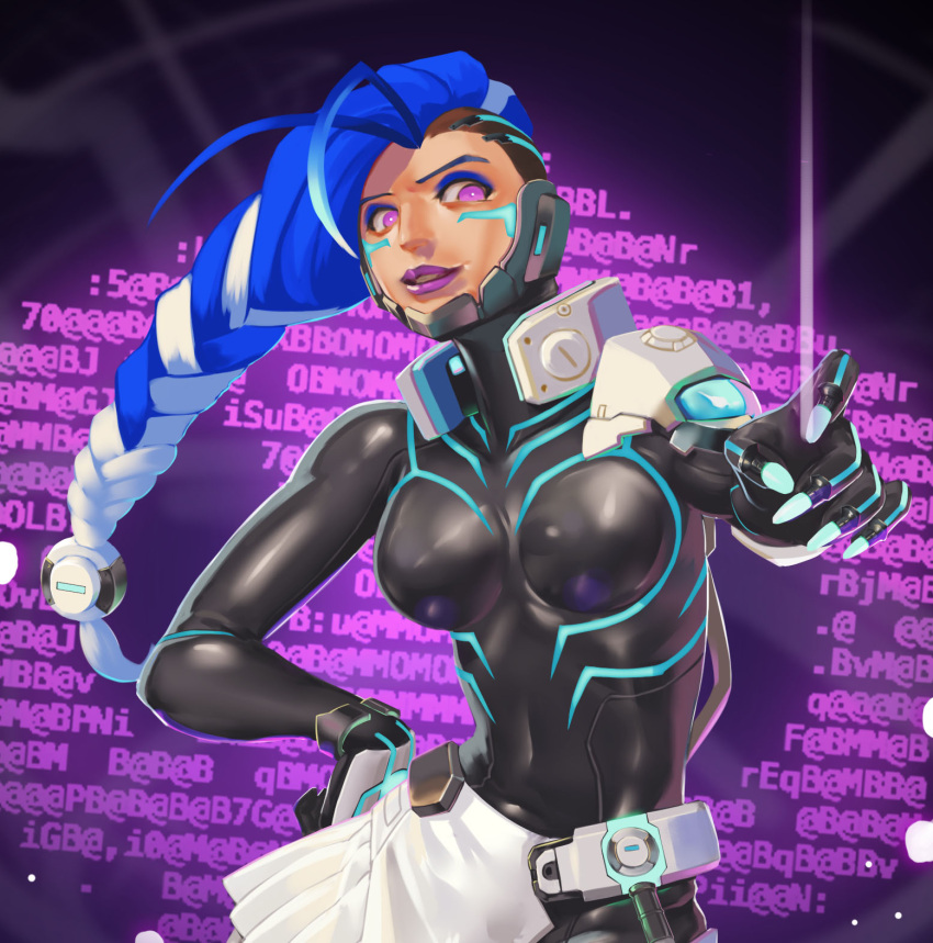 1girl aqua_nails blue_eyeshadow blue_hair bodysuit covered_navel cropped eyeshadow fingernails glitch hand_on_hip highres lipstick long_hair makeup multicolored multicolored_hair overwatch parted_lips ponytail purple_lips purple_lipstick skin_tight solo sombra_(overwatch) sunkilow violet_eyes white_hair