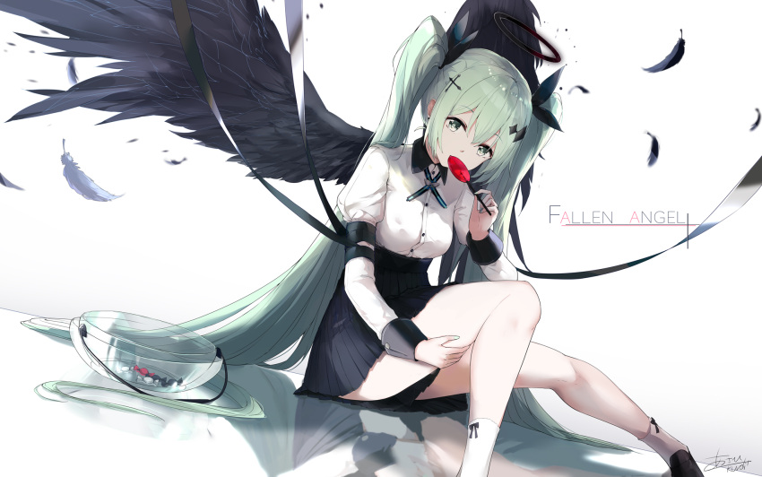 1girl angel_wings asahi_kuroi black_feathers black_shirt black_skirt black_wings bowl candy commentary cross_hair_ornament dutch_angle eating falling_feathers feathered_wings food green_eyes green_hair hair_ornament hairclip halo hand_on_own_thigh hatsune_miku highres holding holding_candy holding_food holding_lollipop lollipop long_hair looking_at_viewer miniskirt puffy_sleeves reflection shirt signature sitting skirt twintails very_long_hair vocaloid white_background wings