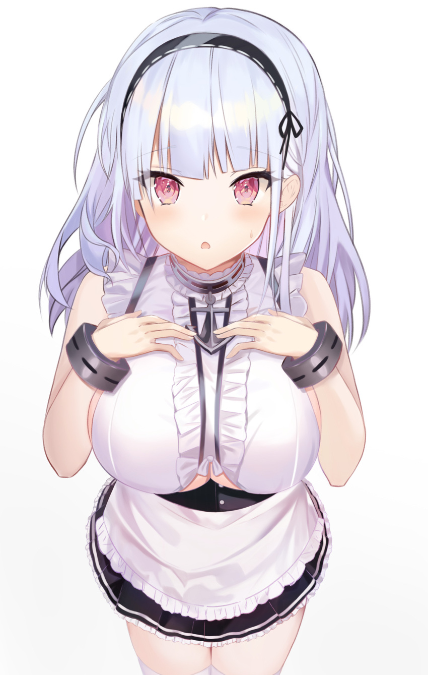 1girl apron azur_lane black_hairband breasts center_frills choker clothing_cutout dido_(azur_lane) frilled_choker frilled_shirt frills from_above hairband hands_on_own_chest highres large_breasts long_hair looking_at_viewer maid maid_apron nannann shirt sleeveless sleeveless_shirt thigh-highs under_boob underboob_cutout violet_eyes waist_apron white_apron white_hair white_legwear white_shirt zettai_ryouiki