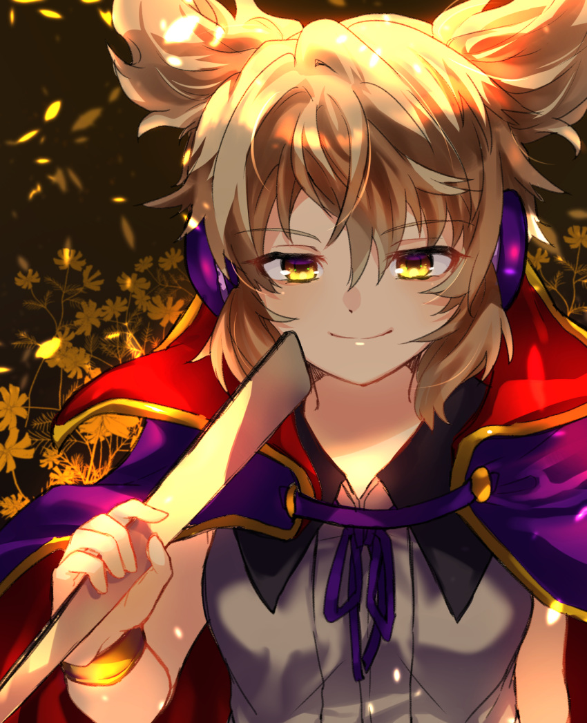 1girl blonde_hair blurry bracelet breasts cloak closed_mouth commentary_request dark_background depth_of_field earmuffs eyebrows_visible_through_hair floral_background gold_trim grey_shirt highres holding jewelry looking_at_viewer medium_breasts petals pointy_hair poppu ritual_baton shirt short_hair sleeveless smile solo touhou toyosatomimi_no_miko upper_body yellow_eyes
