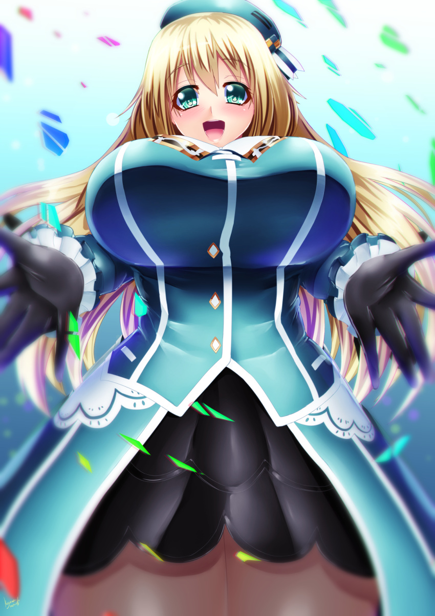 1girl atago_(kantai_collection) black_gloves blonde_hair breasts gloves hat highres impossible_clothes kantai_collection kogawawaki large_breasts long_hair looking_at_viewer military military_uniform open_mouth shiny shiny_hair shiny_skin smile tight uniform