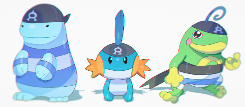 absurdres bandana black_bandana black_eyes closed_mouth clothed_pokemon gen_2_pokemon gen_3_pokemon highres looking_at_viewer mudkip no_humans pokemon pokemon_(creature) politoed quagsire saiku_(zvlku) team_aqua_uniform toes