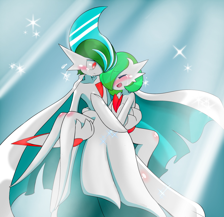 1boy 1girl absurdres bare_shoulders blue_background blue_hair blush bob_cut bright_pupils cape carrying closed_eyes closed_mouth collarbone colored_skin commentary_request crying dress elbow_gloves flat_chest full_body gallade gardevoir gloves green_hair hair_over_one_eye hand_on_another's_chest hands_up happy hetero highres kanimiso_na_double knees_together_feet_apart legs looking_at_another mega_gallade mega_gardevoir mega_pokemon mohawk multicolored_hair nose_blush one_eye_covered open_mouth partial_commentary pokemon pokemon_(creature) princess_carry raised_eyebrows red_eyes short_hair smile sparkle split_mouth strapless strapless_dress tears two-sided_cape two-sided_fabric two-tone_hair white_cape white_dress white_gloves white_pupils white_skin