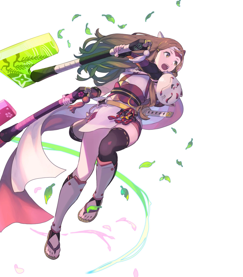 1girl armor asymmetrical_legwear asymmetrical_sleeves axe bangs battle_axe breasts brown_eyes brown_hair detached_sleeves dual_wielding elbow_gloves enkyo_yuuichirou fingerless_gloves fire_emblem fire_emblem_fates fire_emblem_heroes fox_mask full_body gloves hana_(fire_emblem) headband highres holding holding_weapon japanese_clothes leaf long_hair looking_away mask medium_breasts ninja obi official_art open_mouth pelvic_curtain sandals sash scarf shin_guards shiny shiny_hair shoulder_armor shuriken solo sword thigh-highs tied_hair toes transparent_background weapon