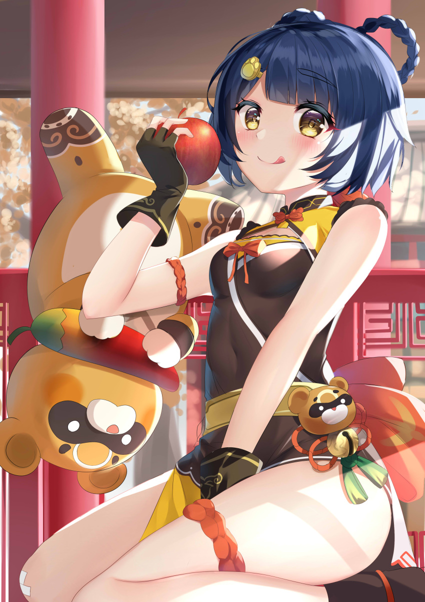1girl :q absurdres apple bangs bare_shoulders between_legs black_dress black_gloves blue_hair blush braid breasts brown_eyes commentary_request dress eyebrows_visible_through_hair fingerless_gloves food fruit genshin_impact gloves guoba_(genshin_impact) hair_ornament hair_rings hand_between_legs hand_up highres holding holding_food holding_fruit ikazu401 looking_at_viewer paw_hair_ornament red_apple seiza sitting sleeveless sleeveless_dress small_breasts thick_eyebrows tongue tongue_out xiangling_(genshin_impact)