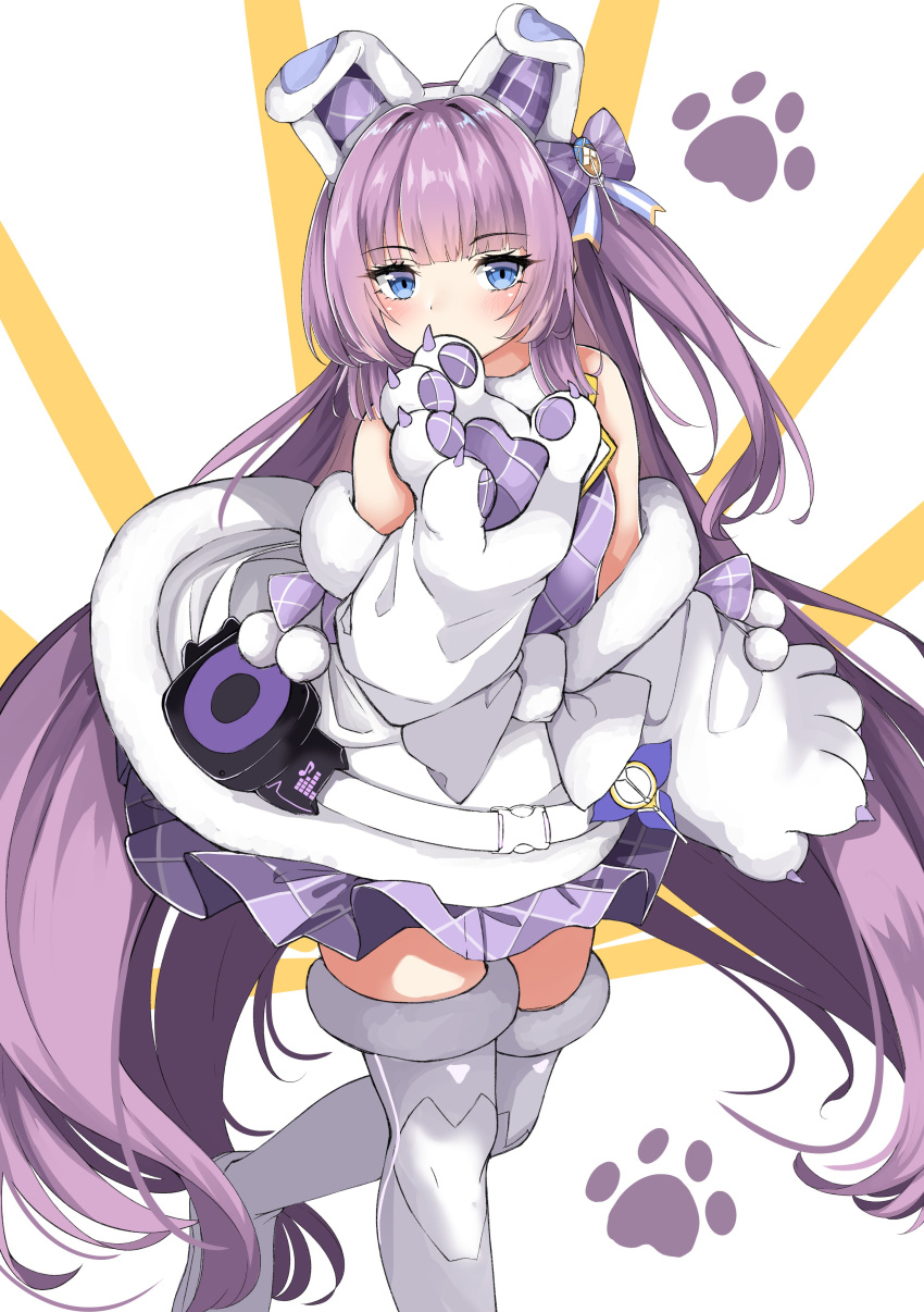 1girl absurdres azur_lane bangs bare_shoulders blue_eyes blush commentary_request covered_mouth dress eyebrows_visible_through_hair fur-trimmed_dress fur-trimmed_legwear fur_trim hand_up highres long_hair looking_at_viewer moyoron off_shoulder pleated_dress purple_dress purple_hair solo standing standing_on_one_leg tashkent_(azur_lane) thigh-highs very_long_hair white_background white_dress white_legwear