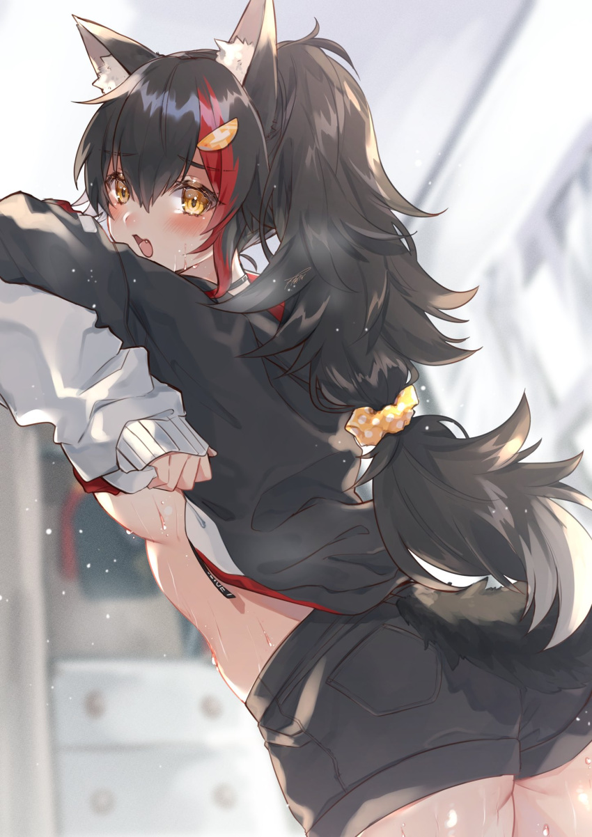1girl animal_ears bathroom black_hair blush breasts commentary_request fang hair_ornament hairclip harui_(hr_x9_) highres hololive hood hoodie long_hair long_sleeves looking_at_viewer multicolored_hair ookami_mio open_mouth ponytail redhead short_shorts shorts solo sweat tail two-tone_hair under_boob undressing virtual_youtuber wolf_ears wolf_tail yellow_eyes