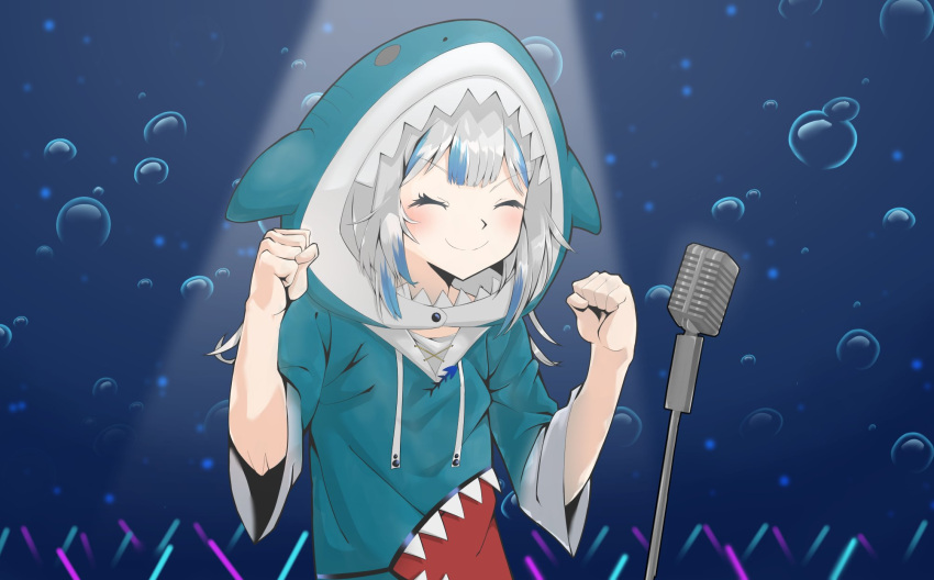 1girl blue_hair bubble clenched_hands closed_eyes english_commentary ex-walmart_wagie gawr_gura grey_hair highres hololive hololive_english microphone microphone_stand multicolored_hair smile solo underwater