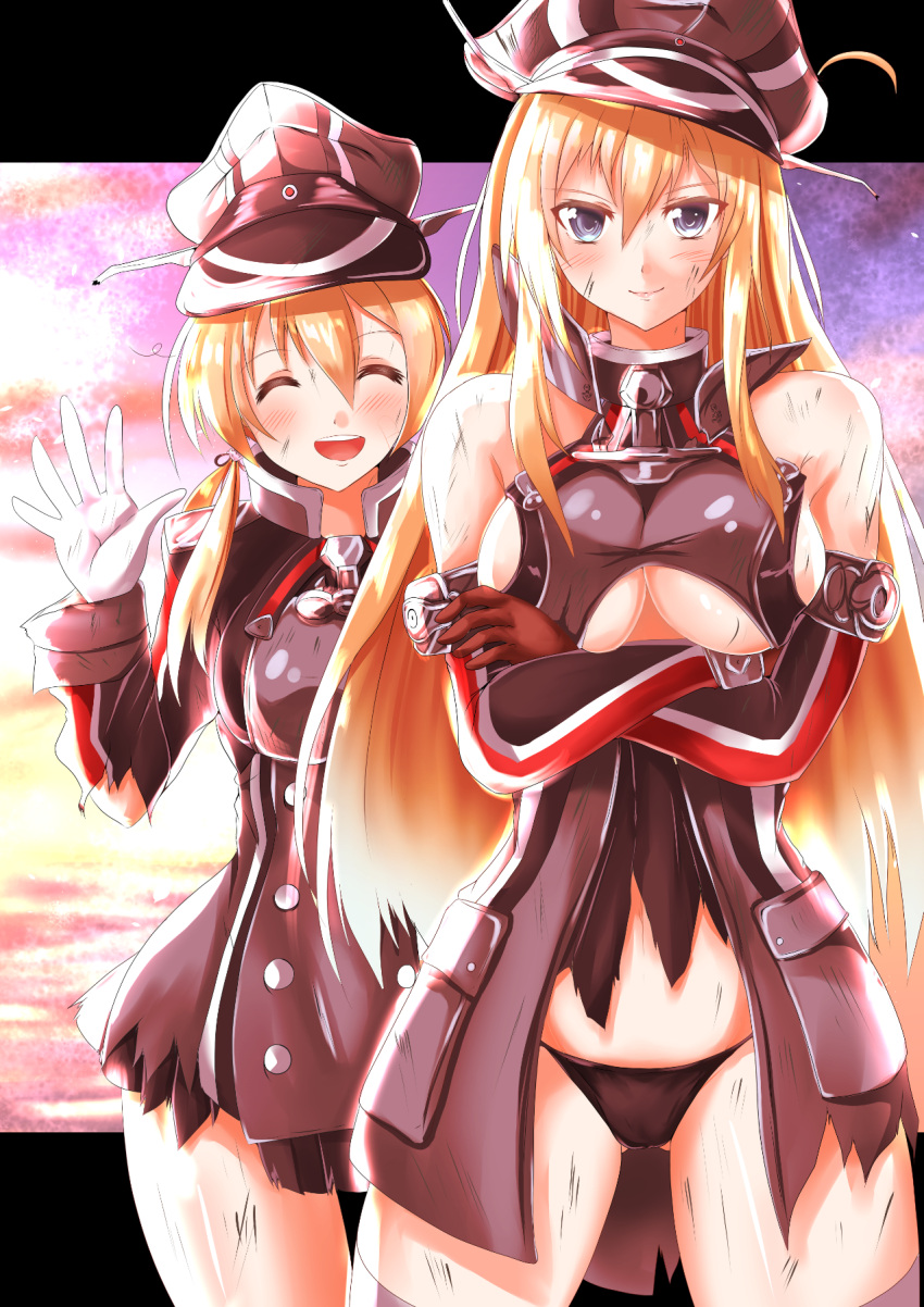 2girls :d bare_shoulders bismarck_(kantai_collection) black_gloves black_panties blonde_hair blue_eyes blush breasts closed_eyes commentary_request crossed_arms elbow_gloves gloves hat highres kantai_collection kentan_(kingtaiki) large_breasts long_hair medium_hair multiple_girls open_mouth panties peaked_cap prinz_eugen_(kantai_collection) smile striped striped_gloves thigh-highs torn_clothes under_boob underwear waving white_gloves