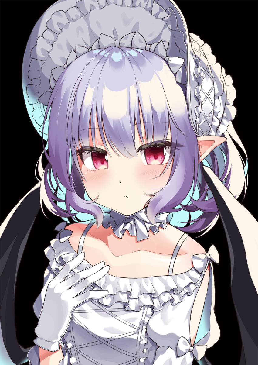1girl bangs bat_wings beni_kurage black_background black_wings blue_hair blush bonnet bow breasts closed_mouth collarbone commentary_request dress eyebrows_visible_through_hair gloves hair_between_eyes hand_up highres looking_at_viewer multicolored_hair off-shoulder_dress off_shoulder pointy_ears puffy_short_sleeves puffy_sleeves purple_hair red_eyes remilia_scarlet short_sleeves simple_background small_breasts solo touhou two-tone_hair upper_body white_bow white_dress white_gloves white_headwear wings