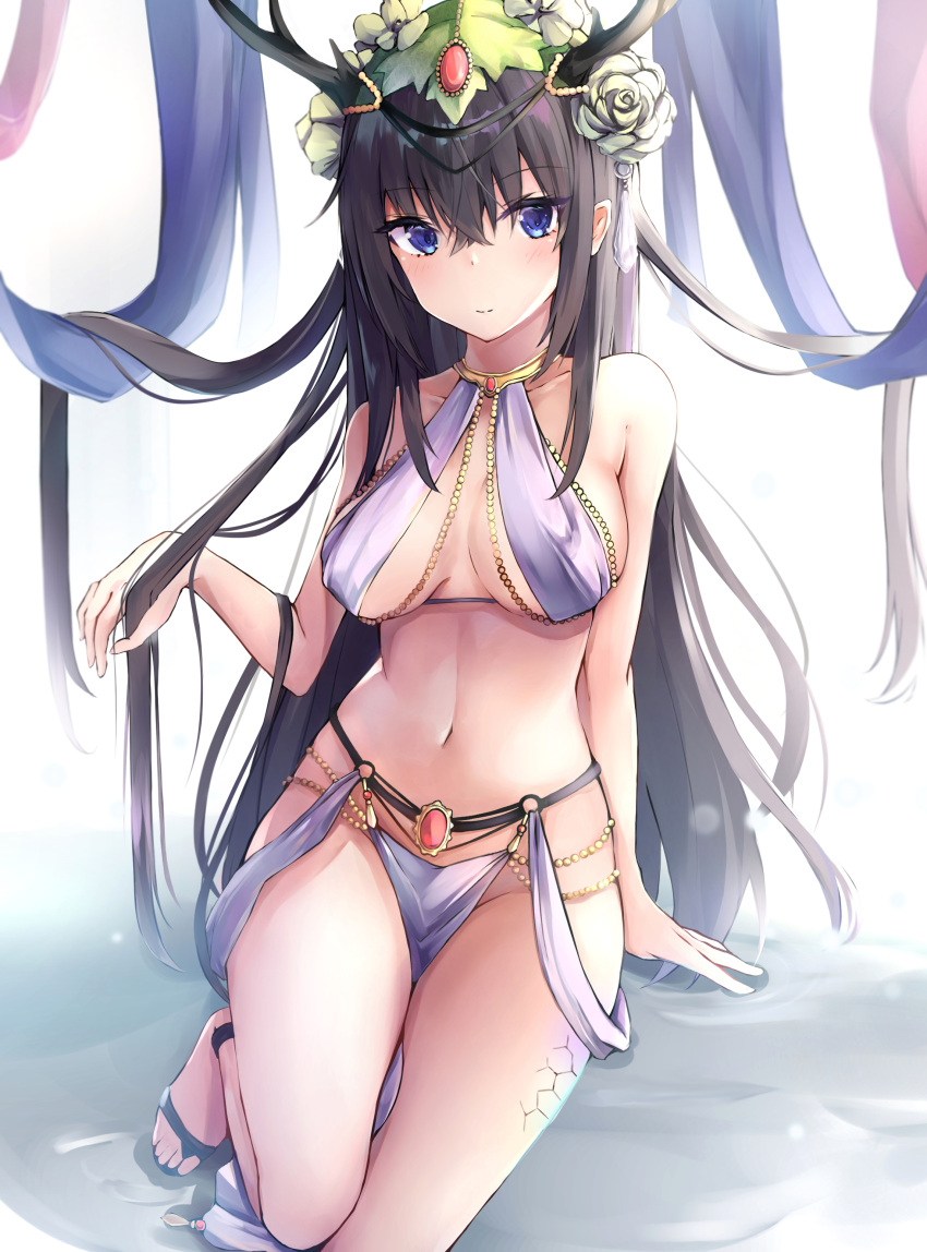 1girl absurdres bare_arms bare_shoulders beads black_hair blue_eyes breasts collarbone dancer flower hair_flower hair_ornament halterneck head_wreath highres holding holding_hair horns jewelry kurohikage large_breasts long_hair looking_at_viewer navel original pelvic_curtain revealing_clothes sandals sidelocks smile solo stomach thighs very_long_hair