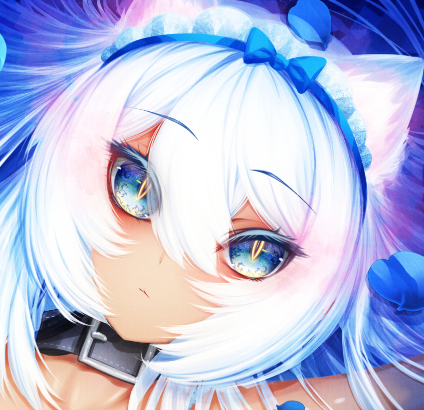 1girl animal_ears arm_up bangs blue_eyes blue_hairband cat_ears cat_girl closed_mouth cluseller collar commentary_request cropped dark_skin dutch_angle eyebrows_visible_through_hair face hair_between_eyes hairband highres long_hair maid_headdress original petals shiny shiny_skin sidelocks slit_pupils solo white_hair