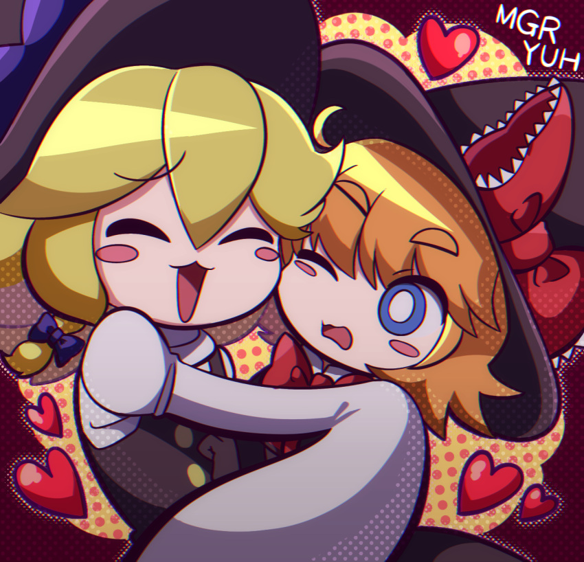 2girls bangs black_dress black_headwear blonde_hair blush blush_stickers bow braid brown_hair buttons carrying character_name closed_eyes commentary_request cookie_(touhou) dithering dress eyebrows_visible_through_hair eyes_visible_through_hair frilled_bow frills hair_between_eyes hair_bow happy hat hat_bow heart highres kirisame_marisa kusaremix looking_at_another meguru_(cookie) multiple_girls one_eye_closed open_mouth polka_dot polka_dot_background princess_carry puffy_sleeves purple_bow red_bow red_neckwear shiny shiny_hair short_hair side_braid single_braid touhou turtleneck upper_body very_long_sleeves wavy_mouth witch_hat yuri yuuhi_(cookie)