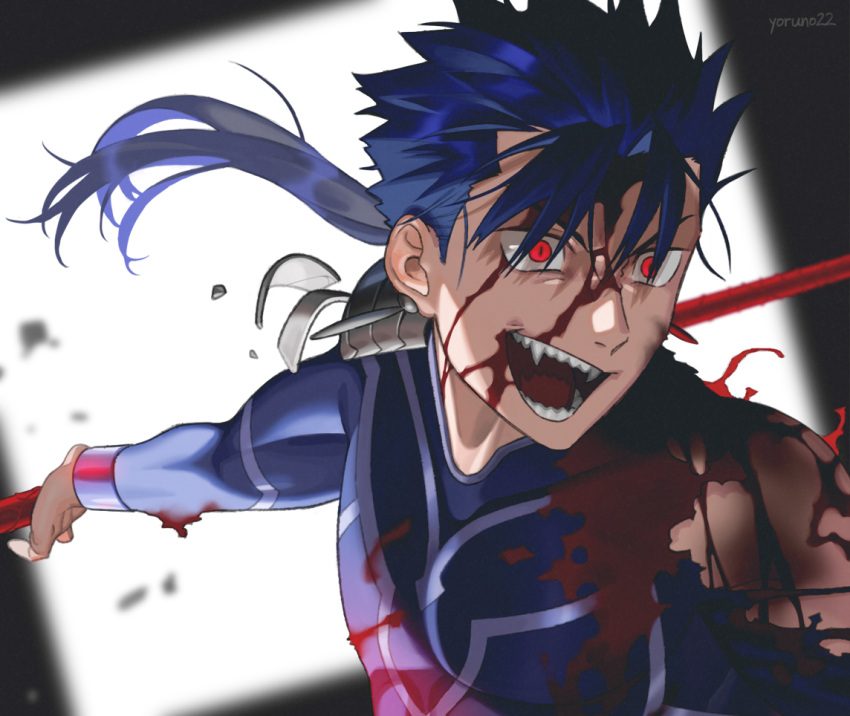 1boy armor bleeding blood blood_on_face blue_hair cu_chulainn_(fate)_(all) earrings fangs fate/stay_night fate_(series) fighting gae_bolg injury jewelry lancer long_hair male_focus open_mouth outstretched_arm pauldrons polearm ponytail red_eyes shoulder_armor skin_tight slit_pupils solo spiky_hair twitter_username type-moon weapon yoruno22
