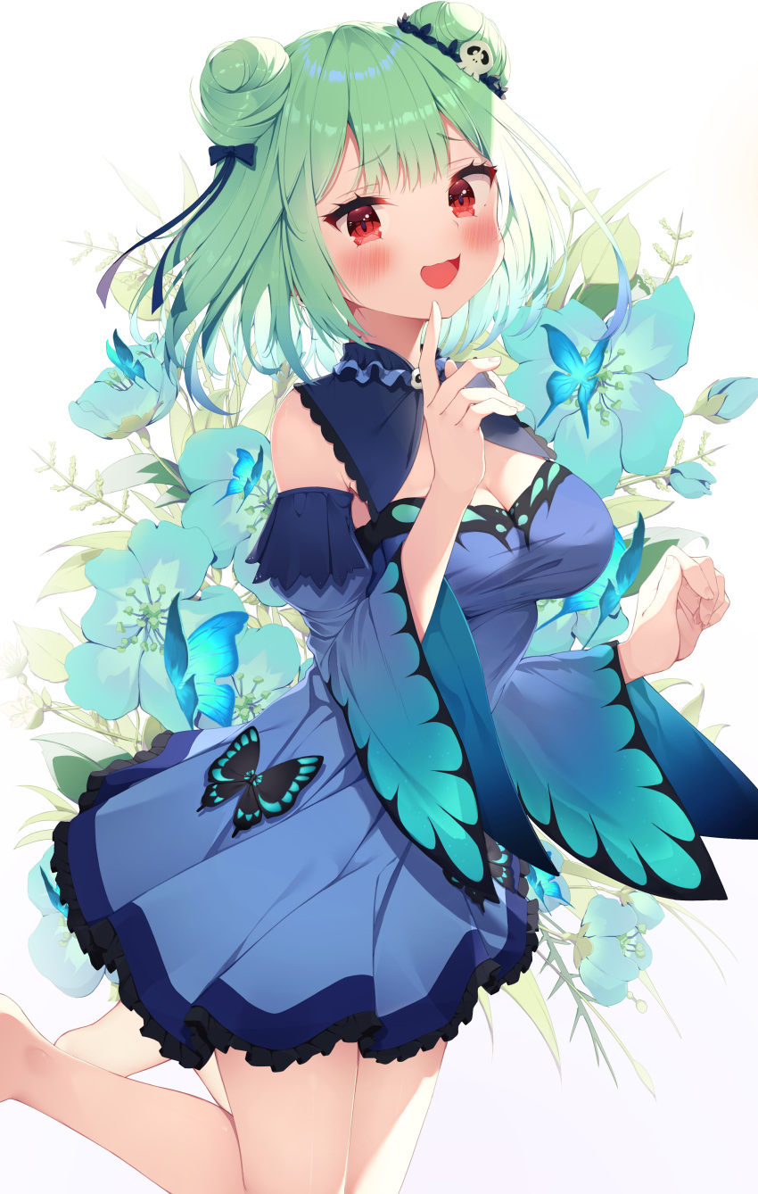 1girl :d absurdres animal_print bangs bare_legs barefoot black_ribbon blue_dress blunt_bangs breasts butterfly_print detached_sleeves double_bun dress eyebrows_visible_through_hair feet_out_of_frame finger_to_chin fingernails floating flower green_hair hair_ornament hair_ribbon hands_up happy highres hololive hololive_fantasy keis_(locrian1357) large_breasts long_sleeves looking_at_viewer medium_hair necromancer open_mouth red_eyes ribbon simple_background skull_collar skull_hair_ornament smile solo thighs uruha_rushia virtual_youtuber white_background wide_sleeves