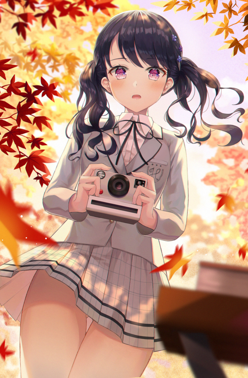 1girl ass_visible_through_thighs autumn_leaves bangs black_hair black_ribbon blazer blue_flower blurry blurry_foreground camera collared_shirt commentary_request depth_of_field dress_shirt eyebrows_visible_through_hair flower fukumaru_koito grey_jacket grey_skirt hair_flower hair_ornament highres holding holding_camera hyonee idolmaster idolmaster_shiny_colors jacket leaf long_hair long_sleeves looking_at_viewer maple_leaf neck_ribbon open_mouth pleated_skirt purple_flower ribbon school_uniform shirt skirt solo standing swept_bangs thigh_gap twintails violet_eyes white_shirt