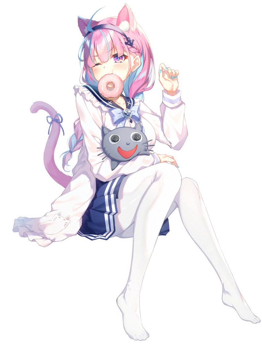 1girl :t ahoge anchor_hair_ornament animal_ear_fluff animal_ears bangs blue_hair blue_hairband blue_nails blue_ribbon blue_sailor_collar blue_skirt blush breasts cat_ears cat_girl cat_tail closed_mouth doughnut eyebrows_visible_through_hair food food_in_mouth frilled_sailor_collar frills full_body hair_between_eyes hair_ornament hairband hand_up highres hololive jacket knees_together_feet_apart long_sleeves medium_breasts minato_aqua mouth_hold multicolored_hair nail_polish neko_(minato_aqua) no_shoes open_clothes open_jacket pantyhose pink_hair pleated_skirt ribbon sailor_collar shirt simple_background sitting skirt sleeves_past_wrists tail tail_raised tail_ribbon taku3949 two-tone_hair v-shaped_eyebrows violet_eyes virtual_youtuber white_background white_jacket white_legwear white_shirt