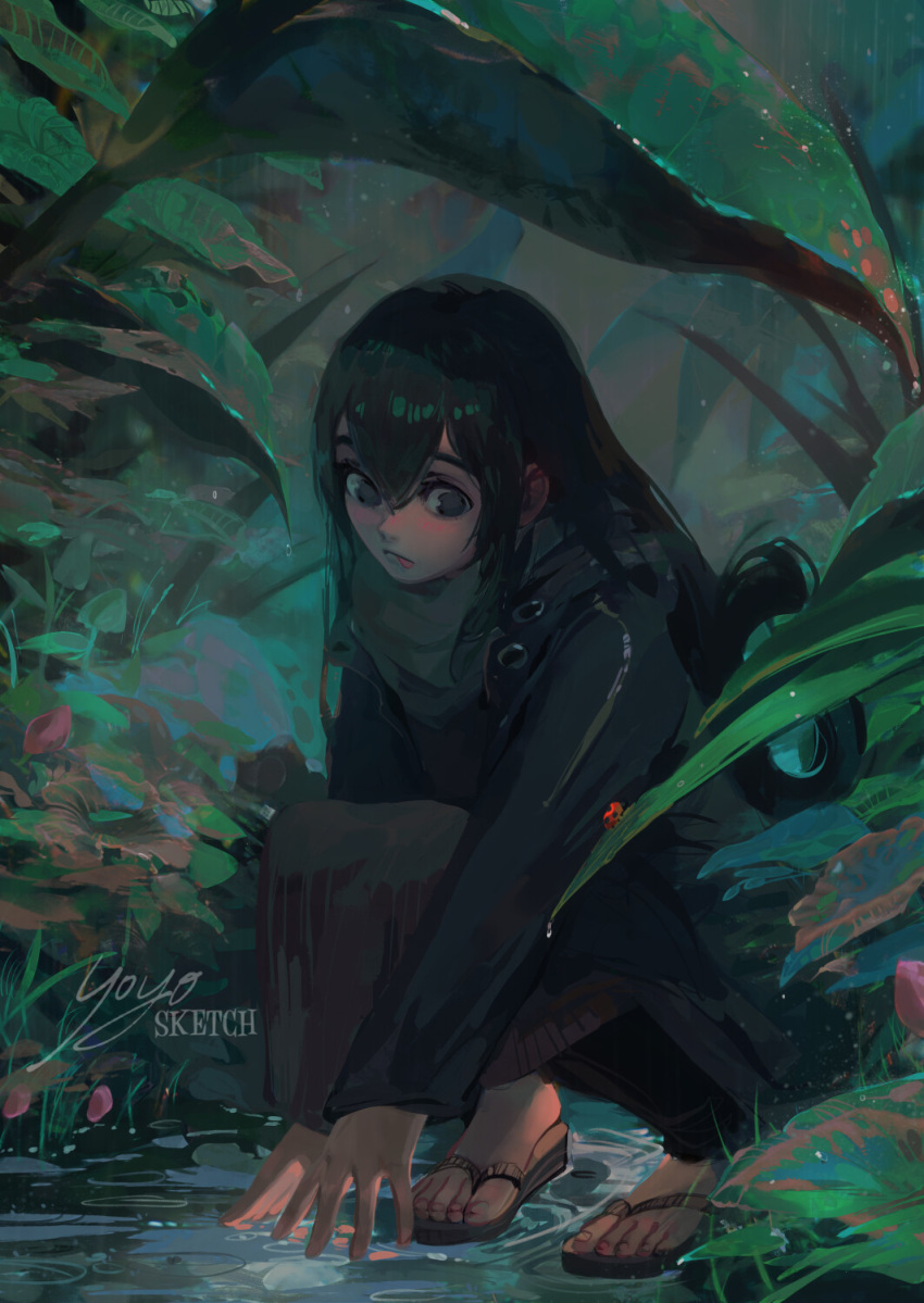 1girl asui_tsuyu boku_no_hero_academia bug casual frog_girl hair_rings highres insect ladybug leaf long_hair low-tied_long_hair plant puddle sandals solo vegetation water yoyosketch