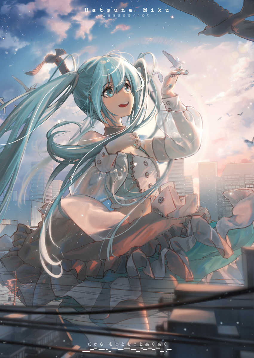 1girl :d absurdres aqua_eyes aqua_hair aqua_nails arm_up artist_name bangs bare_shoulders bird bird_on_hand black_skirt blurry blurry_foreground building character_name city clothing_request clouds commentary detached_sleeves flat_chest frilled_skirt frills giant giantess hair_between_eyes hand_up hatsune_miku highres layered_skirt light_particles long_hair looking_up midriff navel power_lines skirt sky smile solo standing sunlight teeth toto_(caaaaarrot) twintails upper_teeth very_long_hair vocaloid white_sleeves