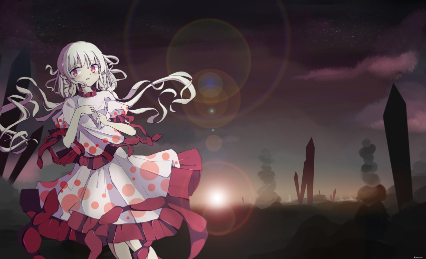 artist_request chinese_commentary commentary_request dress ebisu_eika floating_hair frilled_shirt frills graveyard highres holding_rock horizon night night_sky partial_commentary polka_dot polka_dot_skirt puffy_short_sleeves puffy_sleeves rock shirt short_sleeves sky sotoba stack stacking stone tombstone touhou white_dress white_hair wily_beast_and_weakest_creature