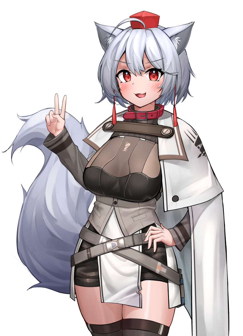1girl absurdres ahoge alternate_costume animal_ear_fluff animal_ears arknights bangs black_legwear black_shorts blush breasts cape capelet collar commentary_request cosplay deaver fang grey_hair hair_between_eyes hand_on_hip hand_up hat highres inubashiri_momiji large_breasts long_sleeves looking_at_viewer open_mouth red_collar red_eyes short_hair shorts simple_background smile solo standing tail thigh-highs thighs tokin_hat touhou v whislash_(arknights) whislash_(arknights)_(cosplay) white_background white_cape white_capelet wolf_ears wolf_tail
