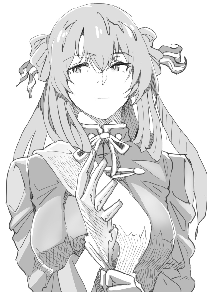 1girl breasts expressionless girls_frontline glove_pull greyscale hair_between_eyes highres kimuwaipu large_breasts long_hair looking_to_the_side m1903_springfield_(girls_frontline) monochrome sketch solo twintails uniform upper_body white_background
