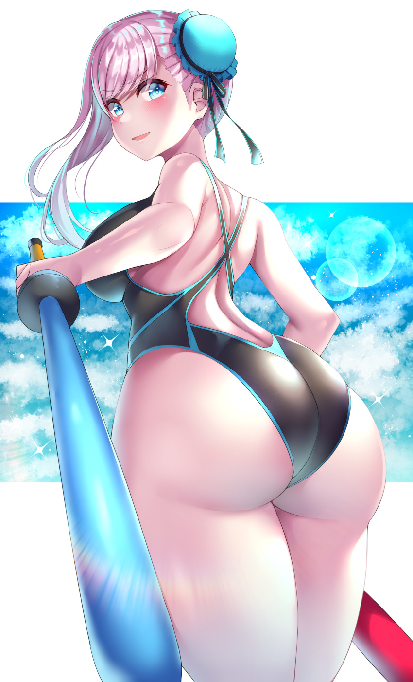 1girl absurdres ass asymmetrical_hair bangs black_swimsuit blue_eyes blush breasts bun_cover competition_swimsuit dual_wielding fate/grand_order fate_(series) from_behind hair_bun highres holding large_breasts long_hair looking_at_viewer looking_back miyamoto_musashi_(fate/grand_order) miyamoto_musashi_(swimsuit_berserker)_(fate) nano_(syoutamho) one-piece_swimsuit outside_border pink_hair sky smile solo sparkle swept_bangs swimsuit