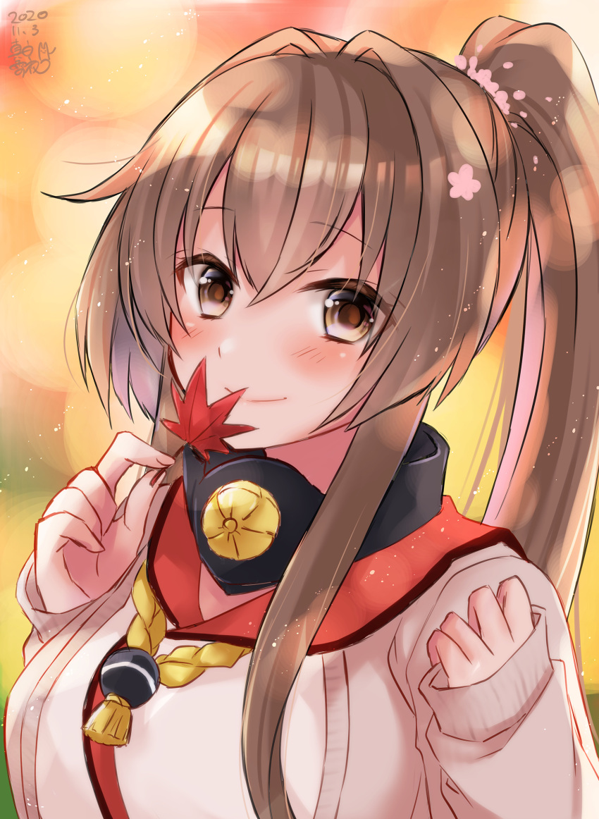 1girl artist_logo beige_cardigan brown_eyes brown_hair cardigan cherry_blossoms commentary_request dated flower hair_flower hair_ornament highres kantai_collection kikumon leaf long_hair looking_at_viewer mashiro_yukiya open_cardigan open_clothes ponytail smile solo upper_body yamato_(kantai_collection)