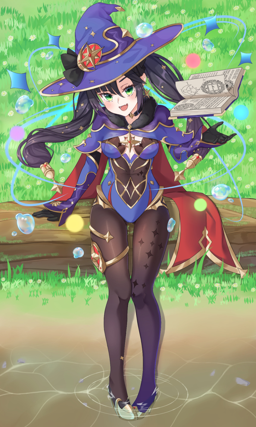 1girl :d black_legwear blue_leotard blush book cape choker covered_navel dong_ja9502 fang full_body fur_trim genshin_impact gloves grass green_eyes hair_ornament half-closed_eyes hat high_heels highres leotard log looking_at_viewer mage magical_girl mona_(genshin_impact) open_mouth purple_hair sitting smile solo star_(symbol) star_hair_ornament twintails water witch_hat