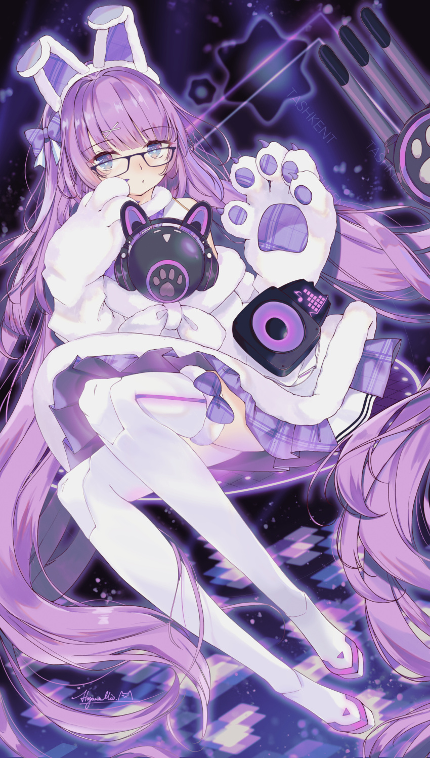 1girl absurdres animal_ears azur_lane bespectacled boots character_name commentary_request fake_animal_ears full_body glasses hair_ribbon highres idol itogawa_mio long_hair looking_at_viewer paws purple_hair ribbon sitting solo tashkent_(azur_lane) tashkent_(muse)_(azur_lane) thigh-highs thigh_boots torpedo_tubes very_long_hair violet_eyes