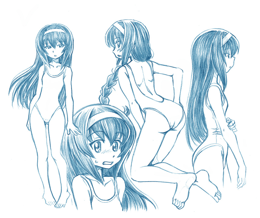 1girl alternate_hairstyle ass backless_swimsuit bangs barefoot bbb_(friskuser) blue_theme blush braid closed_mouth commentary cropped_legs eyebrows_visible_through_hair from_side frown girls_und_panzer grimace hairband half-closed_eyes kneeling leaning_forward long_hair looking_at_viewer monochrome multiple_views one-piece_swimsuit open_mouth parted_lips reizei_mako single_braid standing sweatdrop swimsuit