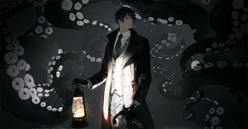 1boy artist_request black_bow black_gloves black_hair black_neckwear black_pants black_vest bow brown_eyes cane closed_mouth dark fire gloves hat klein_moretti lantern looking_back lord_of_the_mysteries necktie pants shirt tentacles vest white_shirt