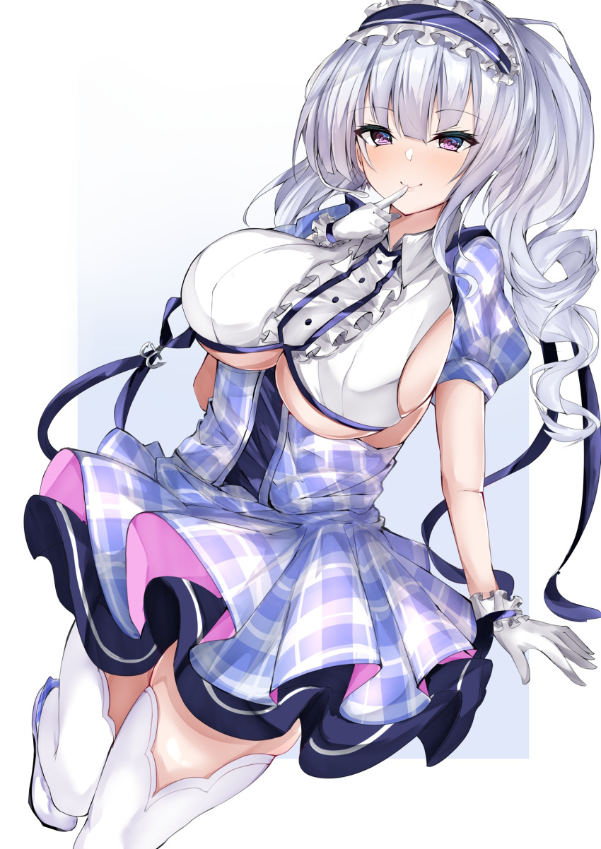1girl azur_lane breasts center_frills clothing_cutout dido_(azur_lane) dido_(muse)_(azur_lane) finger_to_mouth frilled_hairband frilled_shirt frills gloves hairband highres large_breasts long_hair looking_at_viewer mutou_(94753939) purple_hairband purple_skirt shirt sideboob silver_hair skirt solo under_boob underboob_cutout white_gloves white_legwear white_shirt