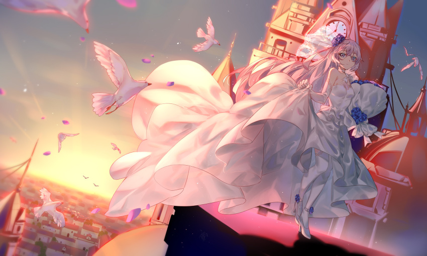 1girl bangs bare_shoulders bird blue_flower bouquet breasts bronya_zaychik choker city dress drill_hair elbow_gloves flower ginklaga gloves high_heels highres holding holding_bouquet honkai_(series) honkai_impact_3rd long_hair looking_at_viewer medium_breasts outdoors scenery shoes silver_hair skirt_hold solo thigh-highs wedding_dress white_choker white_footwear white_gloves white_legwear