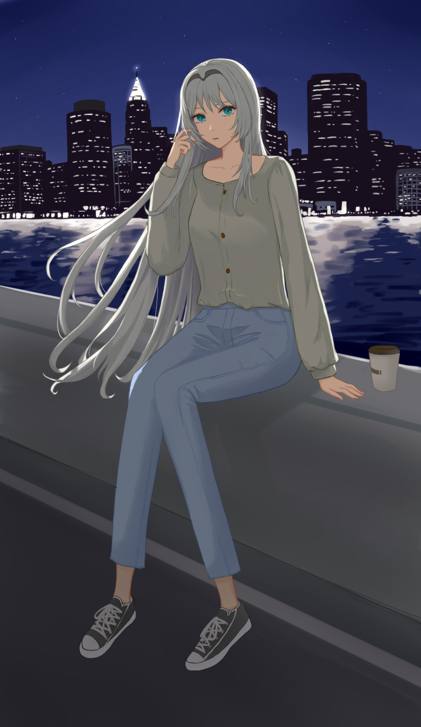 1girl absurdres an-94_(girls_frontline) aqua_eyes city_lights closed_mouth coffee_cup cup denim disposable_cup eyebrows_visible_through_hair girls_frontline grey_shirt hairband hand_in_hair hanser highres jeans long_hair looking_at_viewer pants platinum_blonde_hair shirt shoes silver_hair simple_background sitting sneakers solo