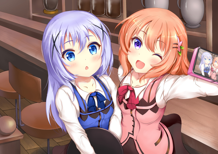 2girls ;d absurdres black_skirt blue_eyes blue_neckwear blue_vest blush bow bowtie brown_hair cellphone chestnut_mouth collarbone eyebrows_visible_through_hair floating_hair gochuumon_wa_usagi_desu_ka? hair_between_eyes hair_ornament highres holding holding_phone hoto_cocoa indoors kafuu_chino kokoa410 long_hair long_sleeves multiple_girls one_eye_closed open_mouth phone pink_vest rabbit_house_uniform red_bow red_neckwear self_shot shiny shiny_hair shirt silver_hair skirt smartphone smile standing vest violet_eyes white_shirt x_hair_ornament