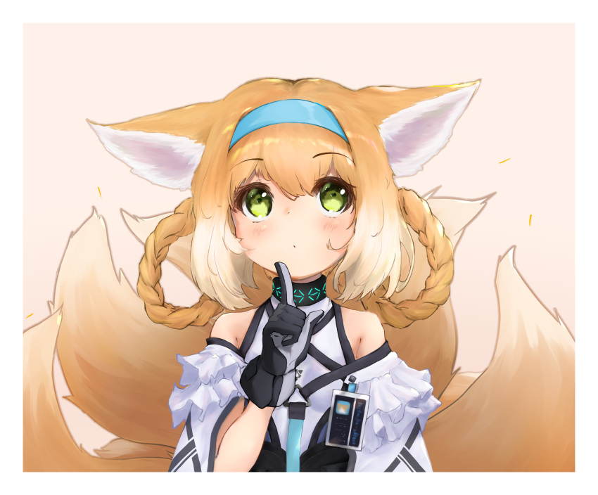 1girl animal_ears arknights bangs bare_shoulders black_bow black_gloves blue_hairband blush border bow brown_background closed_mouth commentary_request dress eyebrows_visible_through_hair gloves green_eyes hair_between_eyes hairband hand_up highres id_card index_finger_raised looking_away looking_up multiple_tails record42 solo suzuran_(arknights) tail tail_raised upper_body white_border white_dress