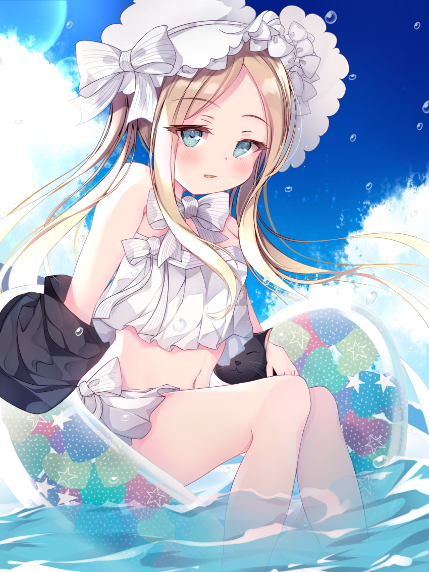 1girl abigail_williams_(fate/grand_order) abigail_williams_(swimsuit_foreigner)_(fate) artist_request bangs bare_shoulders bikini black_jacket blonde_hair blue_eyes blue_sky blush bonnet bow breasts fate/grand_order fate_(series) forehead hair_bow highres jacket long_hair looking_at_viewer miniskirt navel ocean off_shoulder open_clothes open_jacket open_mouth parted_bangs sidelocks skirt sky small_breasts swimsuit twintails very_long_hair white_bikini white_bow white_headwear