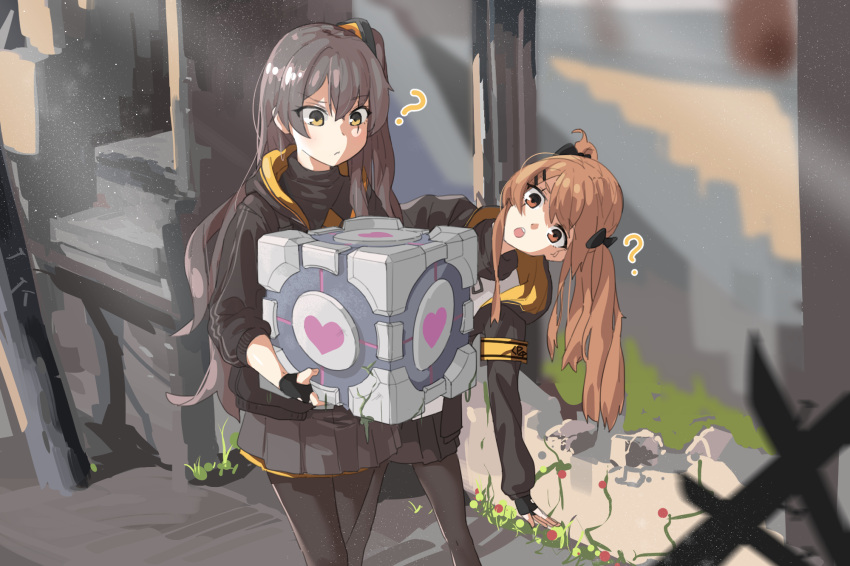 2girls ? brown_eyes brown_hair chicory confused fingerless_gloves girls_frontline gloves grey_hair heart highres multiple_girls pleated_skirt portal_(series) scar scar_across_eye siblings side_ponytail sisters skirt thigh-highs twins twintails ump45_(girls_frontline) ump9_(girls_frontline) weighted_companion_cube