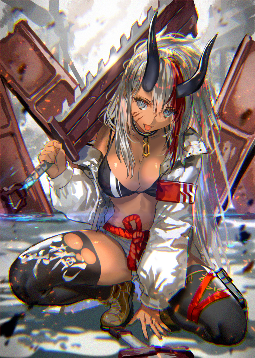 1girl bare_shoulders bikini bikini_top black_horns breasts chromatic_aberration collar dark_skin denim denim_shorts dog_collar eyes_visible_through_hair facial_scar full_body grey_eyes grey_hair hand_up highres holding holding_sword holding_weapon horns jacket long_hair long_sleeves looking_at_viewer medium_breasts micro_shorts multicolored_hair off_shoulder oni open_clothes open_jacket original over_shoulder ran'ou_(tamago_no_kimi) redhead rope rope_belt scar scar_on_cheek shoes shorts skindentation solo spread_legs squatting swimsuit sword thigh-highs tiptoes tongue tongue_out torn_clothes torn_legwear two-tone_hair very_long_hair weapon weapon_over_shoulder
