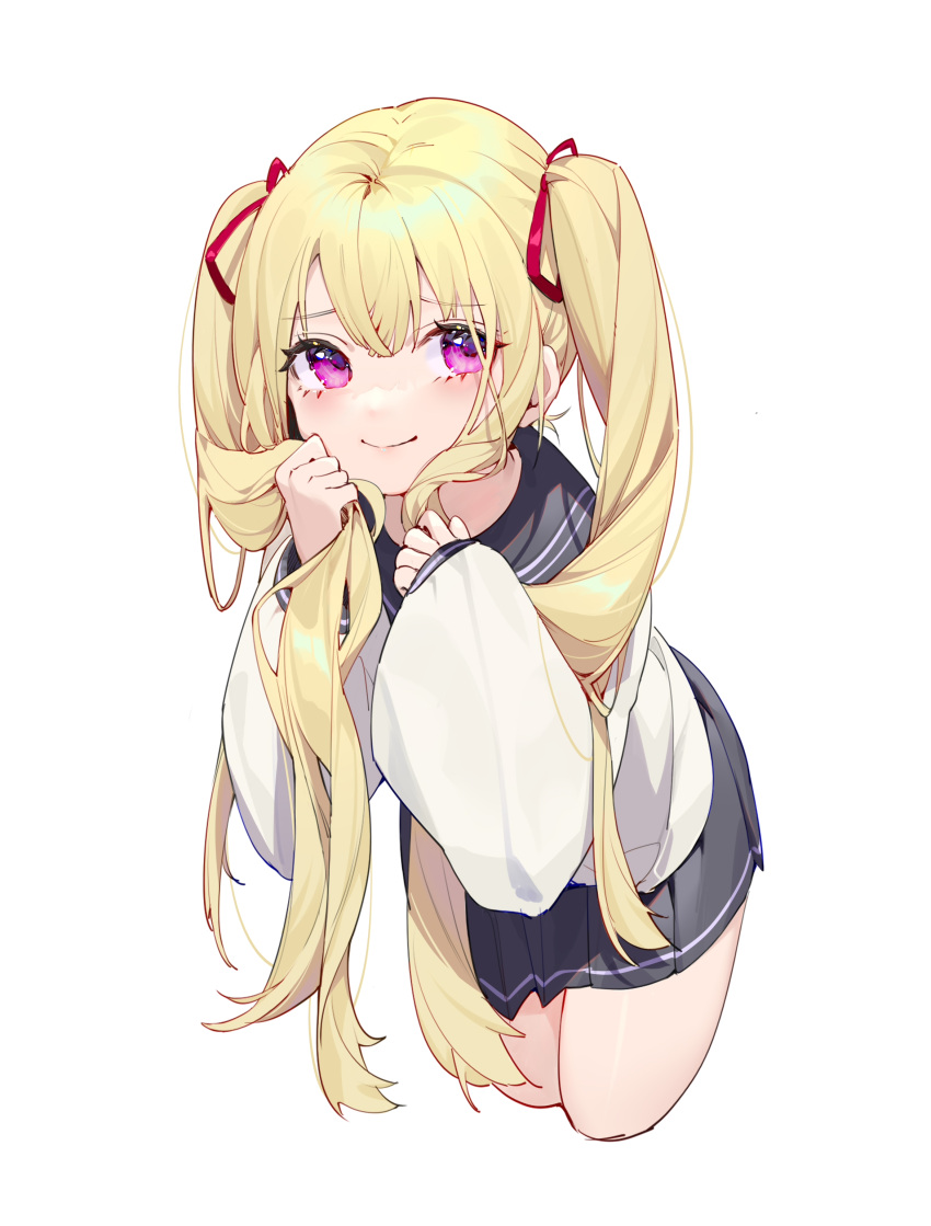 1girl absurdres bangs black_sailor_collar black_skirt blonde_hair blush closed_mouth commentary_request cropped_legs eyebrows_visible_through_hair guangsupaomian hair_between_eyes hair_ribbon hands_up highres holding holding_hair leaning_forward long_sleeves original pleated_skirt puffy_long_sleeves puffy_sleeves red_ribbon ribbon sailor_collar school_uniform serafuku shirt simple_background skirt sleeves_past_wrists smile solo standing twintails violet_eyes white_background white_shirt