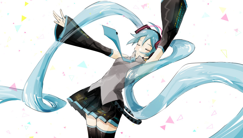 1girl absurdres aqua_hair aqua_nails aqua_neckwear arms_up bare_shoulders belt black_legwear black_skirt black_sleeves closed_eyes commentary cowboy_shot detached_sleeves english_commentary grey_shirt hair_ornament hatsune_miku headphones headset highres leaning_back long_hair miniskirt nail_polish necktie outstretched_arms pleated_skirt re_eva shirt skirt sleeveless sleeveless_shirt thigh-highs triangle twintails very_long_hair vocaloid white_background zettai_ryouiki